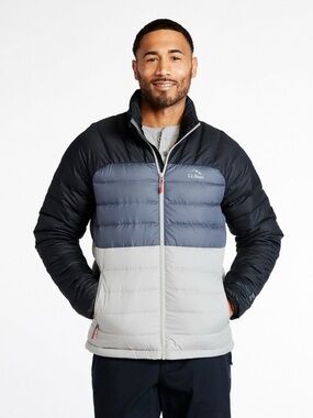 L.L. Bean Men's Colorblock Puffer Jacket in Black, Blue & Light Gray